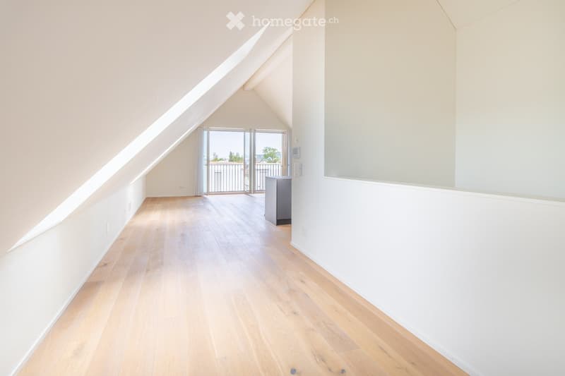 Empty attic room with wooden flooring, white walls, and a large skylight. Features a sliding glass door leading to a balcony with a view.