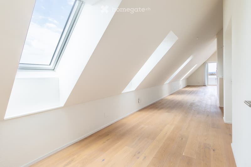 Empty attic space with wooden flooring, slanted ceilings, and multiple skylights allowing natural light to fill the room.