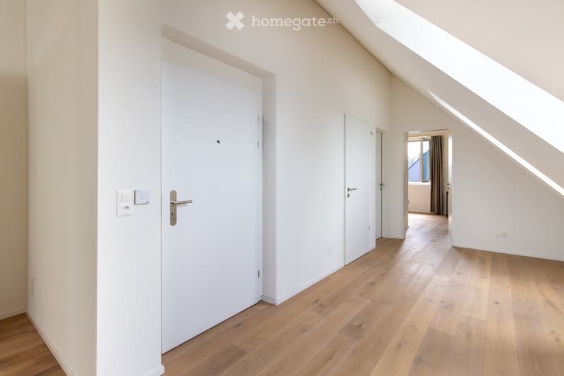 Empty hallway with light wooden flooring, white walls, and white doors. Natural light streams in from a window at the end of the hallway.