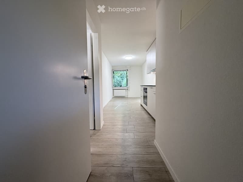 A modern, well-lit hallway with light wooden flooring, white walls, and a closed door on the left. A window at the end allows natural light to enter, and a small kitchen area is visible to the right.