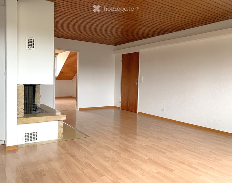 Empty room with light wooden flooring, white walls, and a fireplace with a stone surround. The room has a wooden door and a small opening leading to another space with a sloped wooden ceiling.