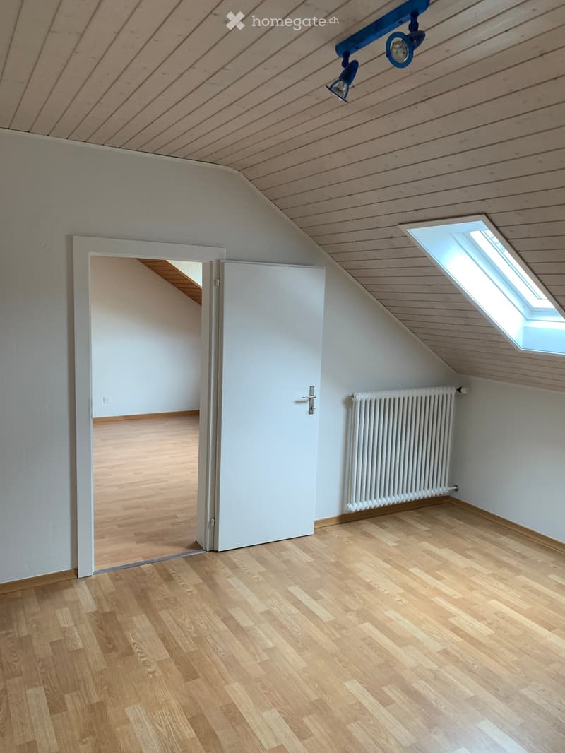 Empty room with wooden floor, wooden ceiling, open door, white walls, radiator, skylight