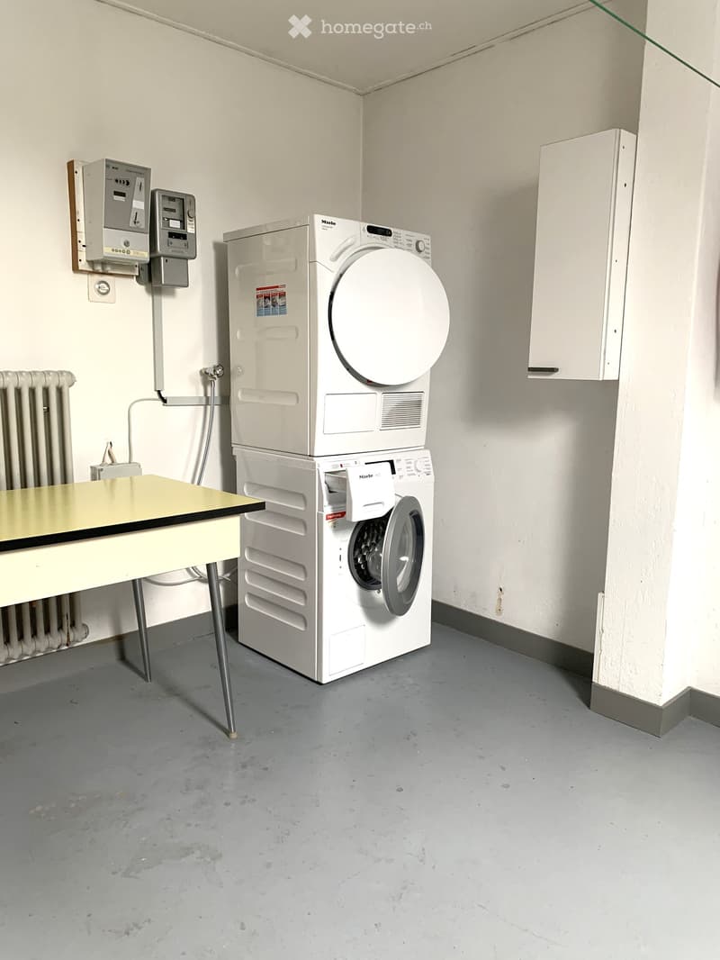 laundry room, washing machine, dryer, table, heater, white walls