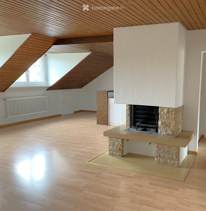 empty room, hardwood floors, fireplace, attic windows