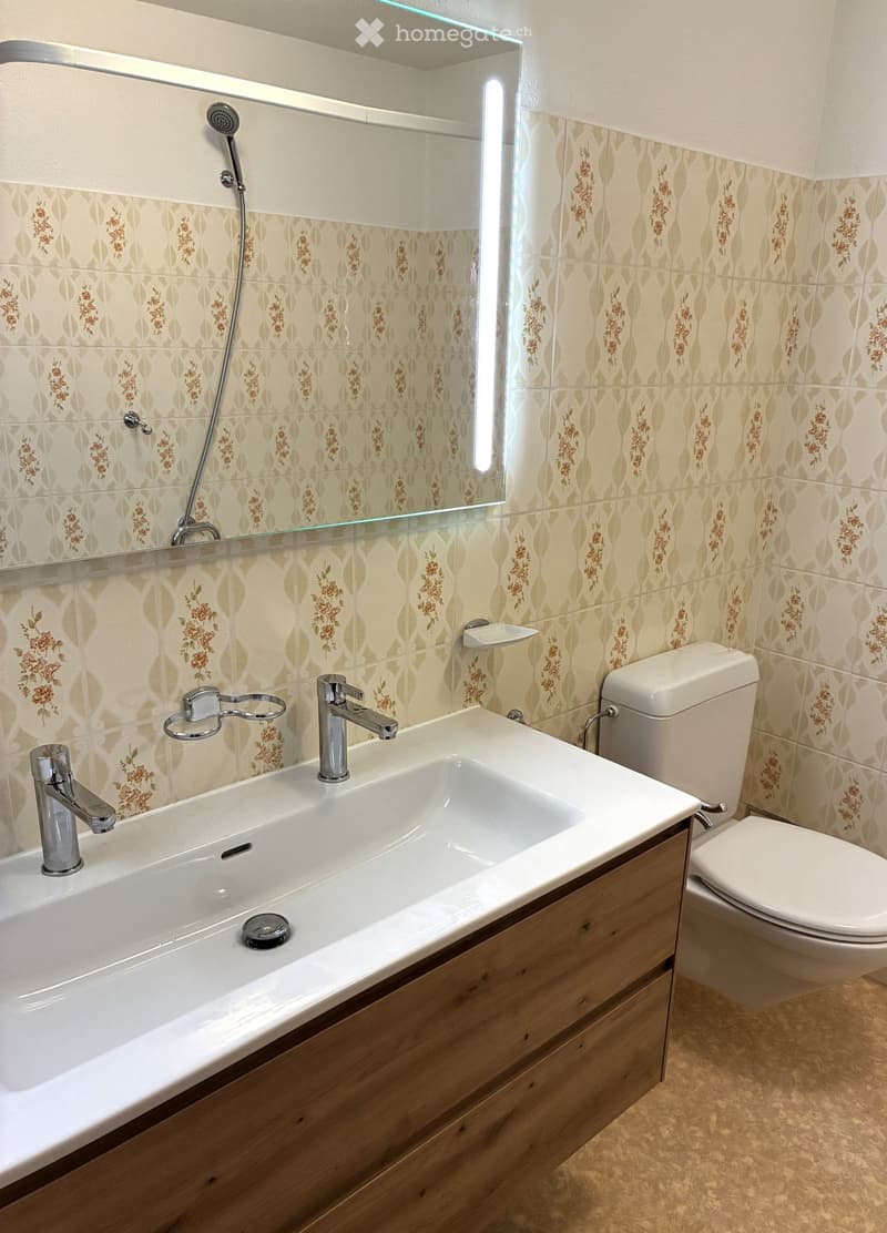Modern bathroom with a large sink, chrome faucets, a toilet, a mirror, and a showerhead. The walls are tiled with a floral pattern, and the floor is tiled in a neutral tone.