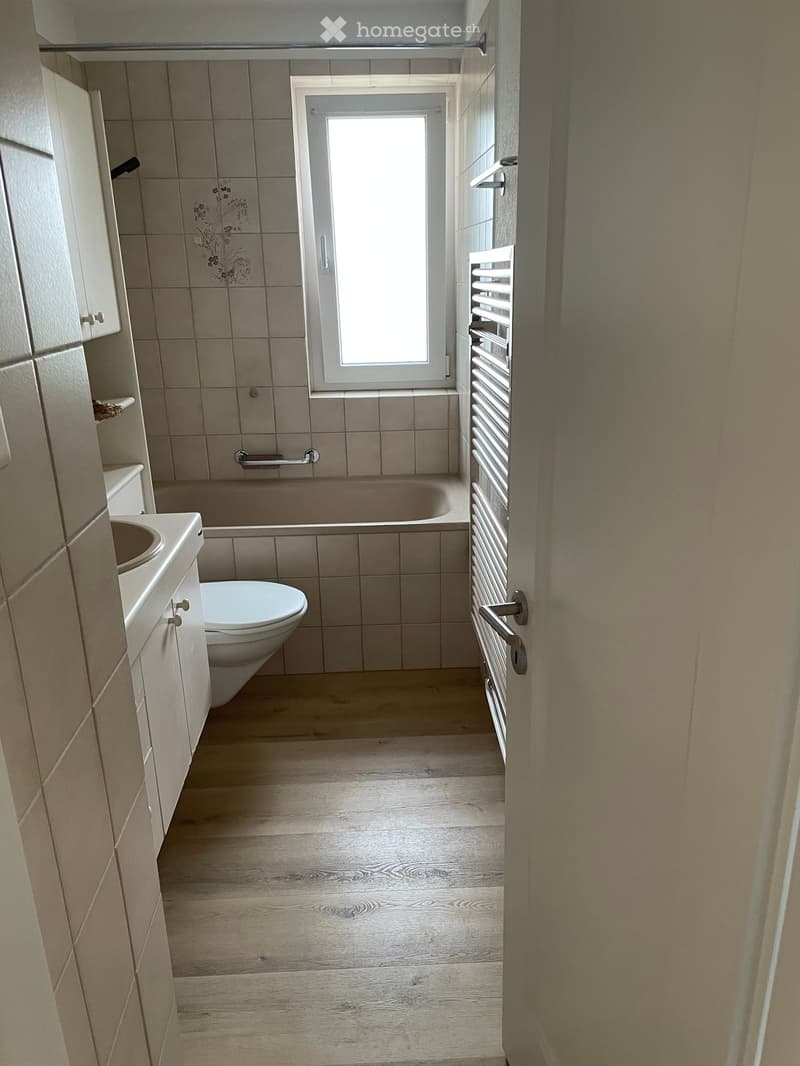 Bathroom with a toilet, sink, bathtub, and radiator. Light-colored tiles and wooden flooring.