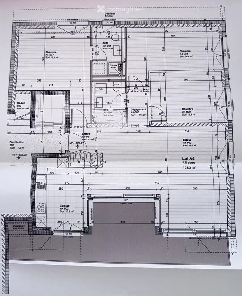Floor plan of a residential unit labeled Lot A4, featuring five rooms including a living room, kitchen, three bedrooms, and a bathroom. Dimensions and surface areas are indicated for each space.