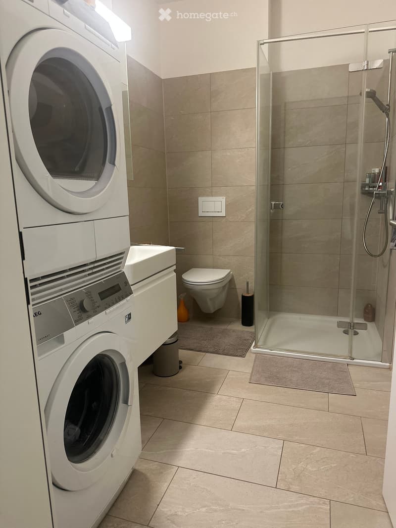 Modern bathroom with a washing machine, toilet, glass-enclosed shower, and sink. Beige tiles and neutral tones.