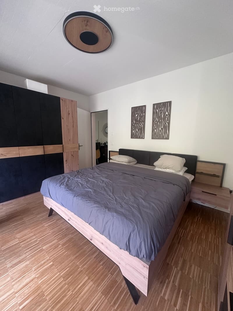Modern bedroom with a wooden bed, grey bedding, nightstand, black wardrobe, and decorative wall art.