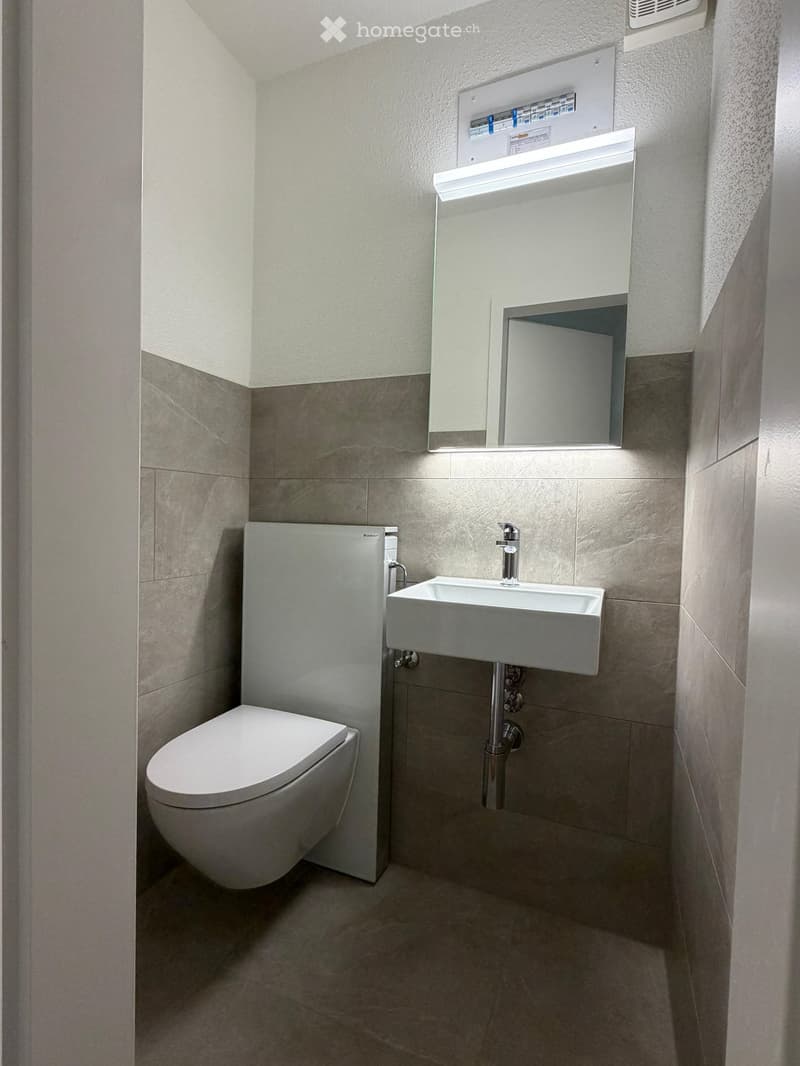 Modern bathroom with a toilet, sink, and mirror. The walls are tiled in a neutral color scheme, and the fixtures are sleek and contemporary.