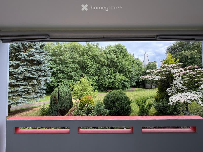 Balcony overlooking a lush, green garden with various trees, shrubs, and flowering plants. The railing is white with red accents.