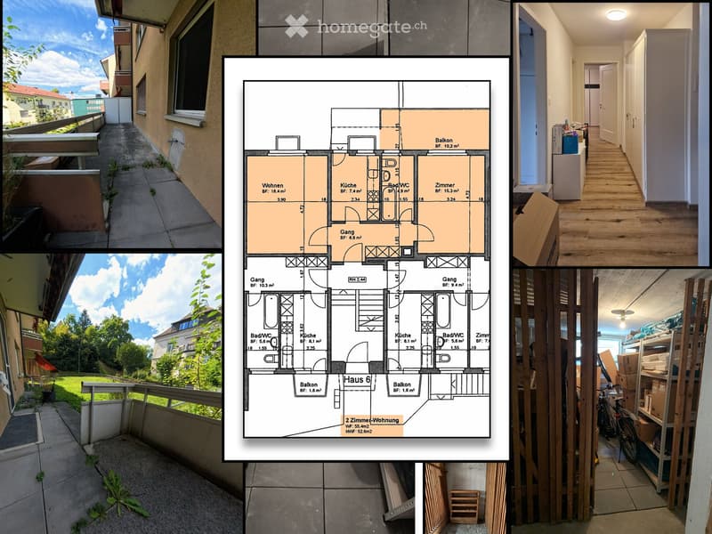 Floor plan of a 2-room apartment with living room, kitchen, bathroom, and balcony. Additional images show the balcony area and an unfurnished hallway.