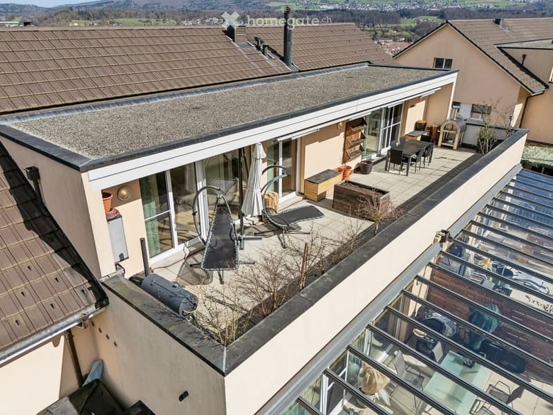 Terrace with outdoor furniture, grill, and plants, glass roof, view of the valley