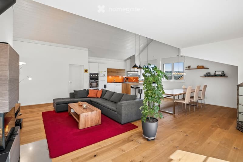 open plan living room with kitchen, fireplace, sofa, coffee table, dining table, chairs, potted plant, hardwood floor, white walls