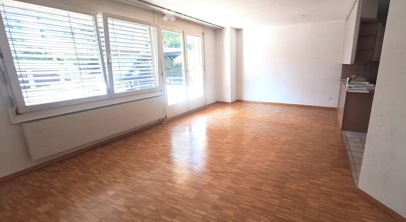Empty room with wooden flooring, large windows with blinds, and a small kitchen area with a sink and cabinets.