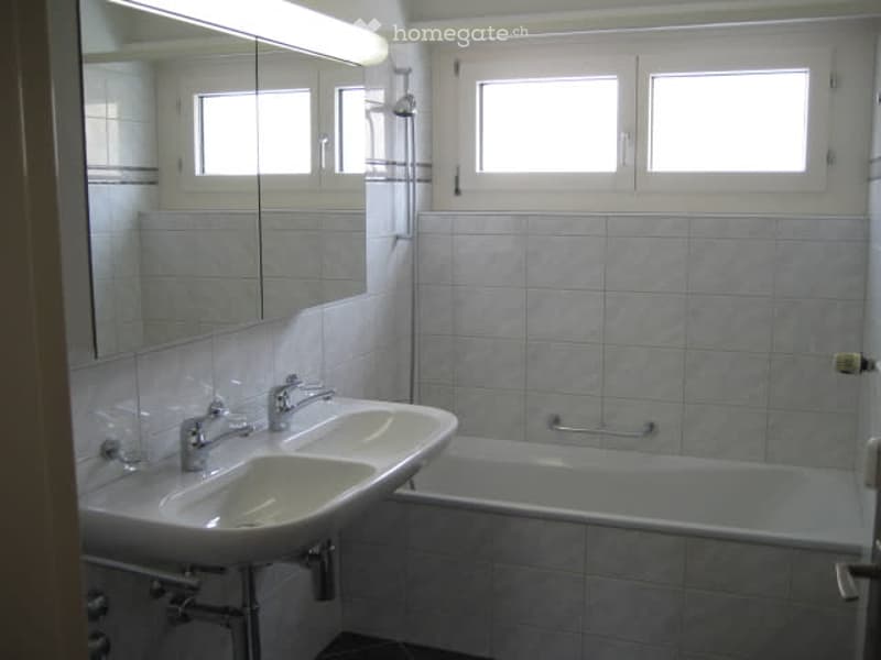 Modern bathroom with a double sink, bathtub, large mirror, and tiled walls.