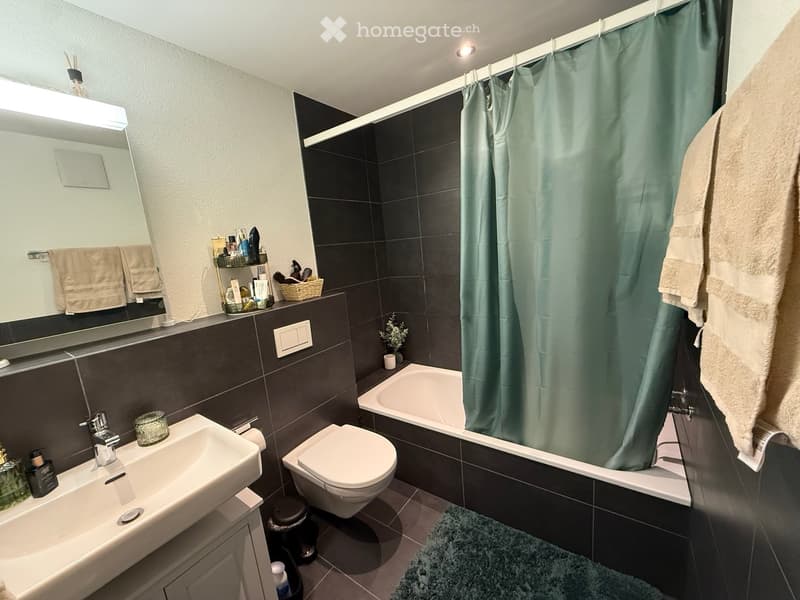 Modern bathroom with dark tiled walls, white fixtures, a bathtub with a green shower curtain, a sink with a mirror, and a toilet. Towels and toiletries are neatly arranged on shelves.