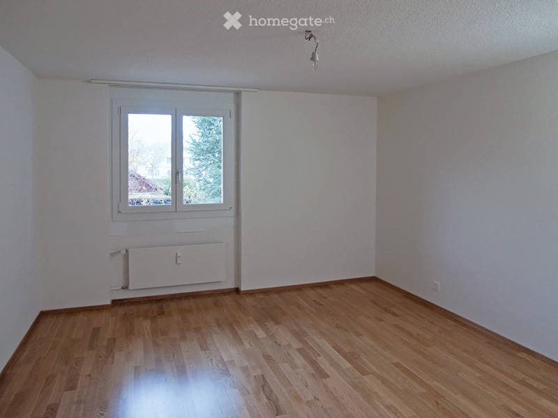 Empty room with wooden flooring, white walls, a window with a view of trees, and a radiator below the window.