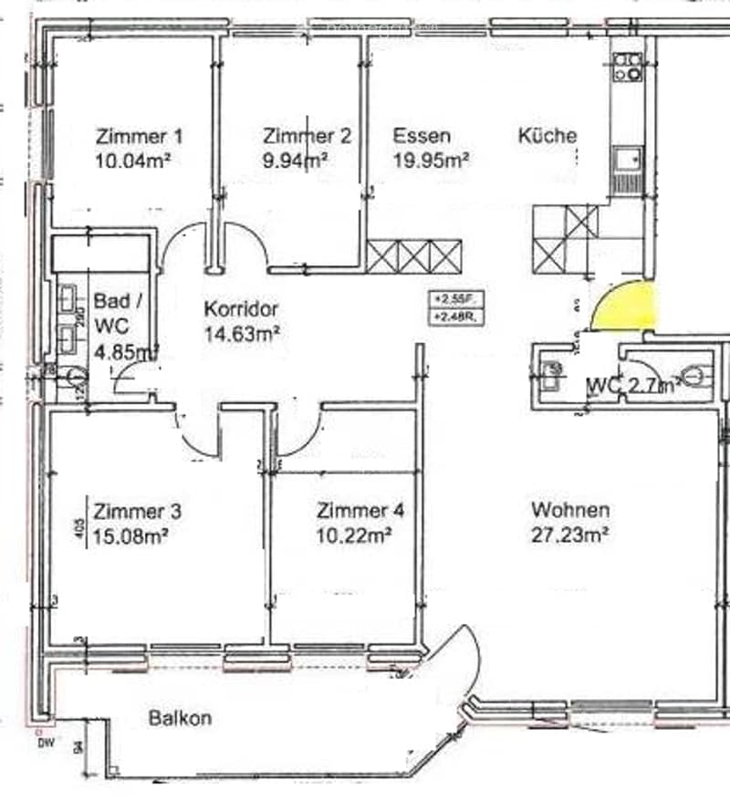 Floor plan of a 4-room apartment with a living room, kitchen, two bedrooms, and a bathroom. Includes a balcony and a separate WC.