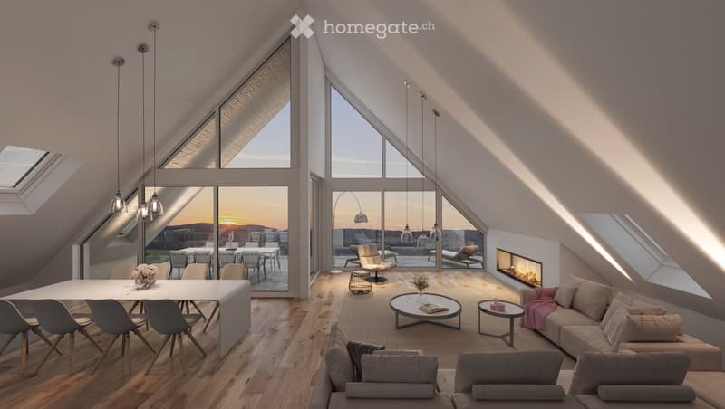 Modern attic living space with large windows offering a scenic view, featuring a sofa, coffee table, fireplace, dining area, and pendant lights.