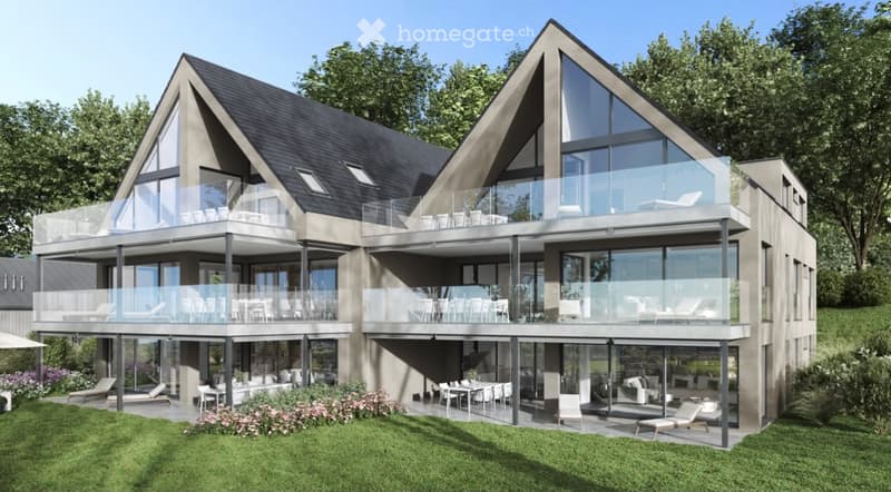 Modern two-story house with large glass balconies, contemporary design, and spacious outdoor seating areas.
