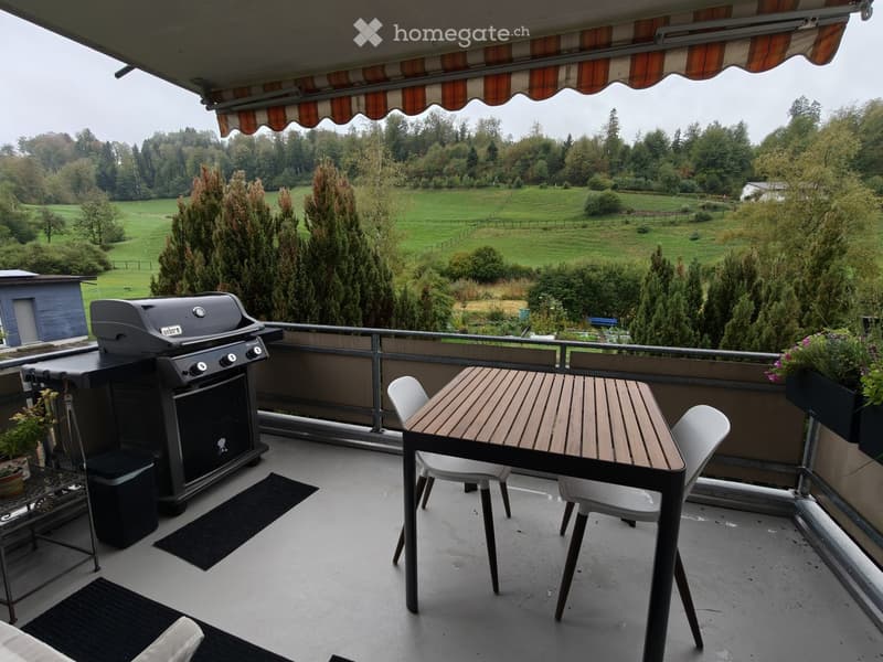 Balcony with a wooden table, two white chairs, a grill, and potted plants, overlooking a green field and trees.