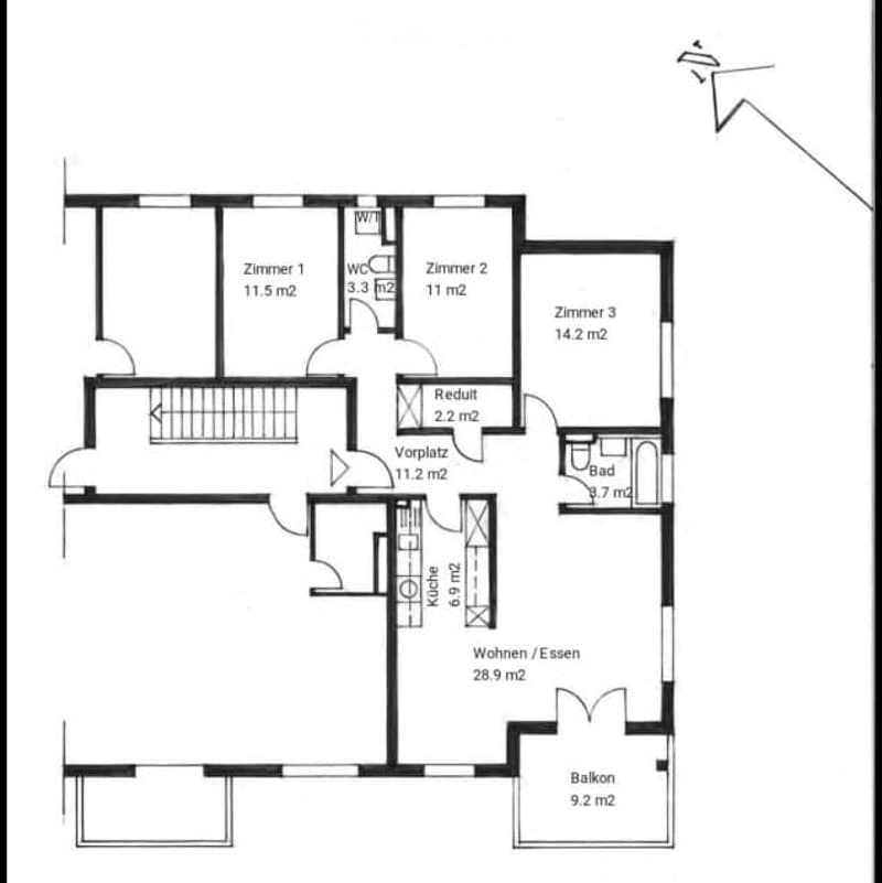 Floor plan of a 3-room apartment with a living/dining area, kitchen, three bedrooms, bathroom, hallway, and balcony.
