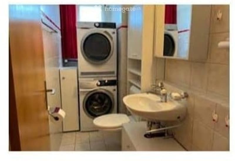 Bathroom with a sink, mirror, washing machine, dryer, and toilet. The walls are tiled, and there is a wooden door visible.