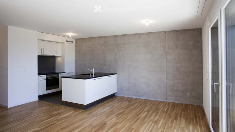 Modern kitchen with white cabinets, black countertop, wooden flooring, and built-in oven.