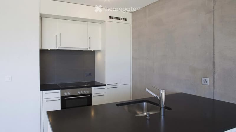 Modern kitchen with white cabinets, black countertops, stainless steel sink and faucet, and built-in oven.