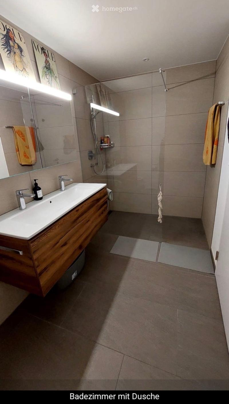 Modern bathroom with a wooden vanity, white sink, chrome faucets, a large mirror, a glass-enclosed shower with a built-in shelf, and towels hanging on the walls.