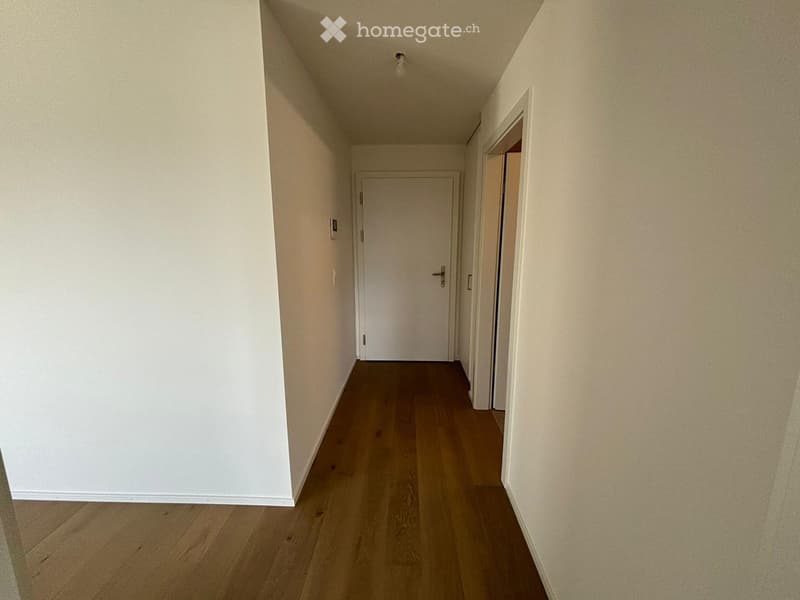Empty hallway with wooden flooring and white walls, featuring a closed door at the end and a light fixture on the ceiling.