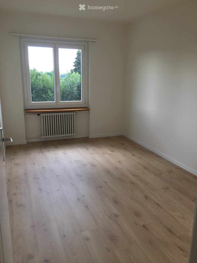 Empty room with light wooden flooring, white walls, a window with double glass panes, a radiator, and a door handle visible.