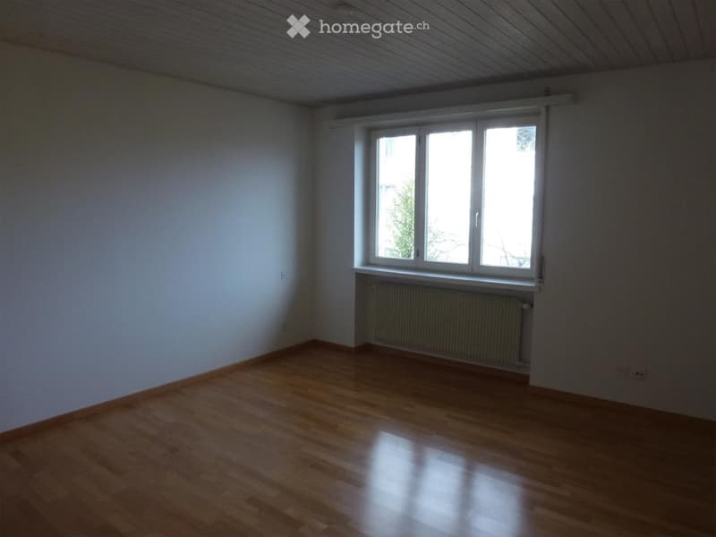 Empty room with wooden flooring, white walls, and a large window with white frame and radiator below.