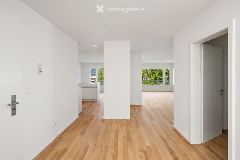 Empty hallway with light wooden flooring, white walls, and recessed lighting. Doors lead to adjacent rooms, one with a visible kitchen area and another with large windows and a balcony view.