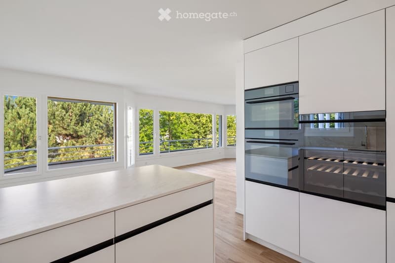 Modern kitchen with white cabinets, a central island, and large windows offering a view of greenery outside.