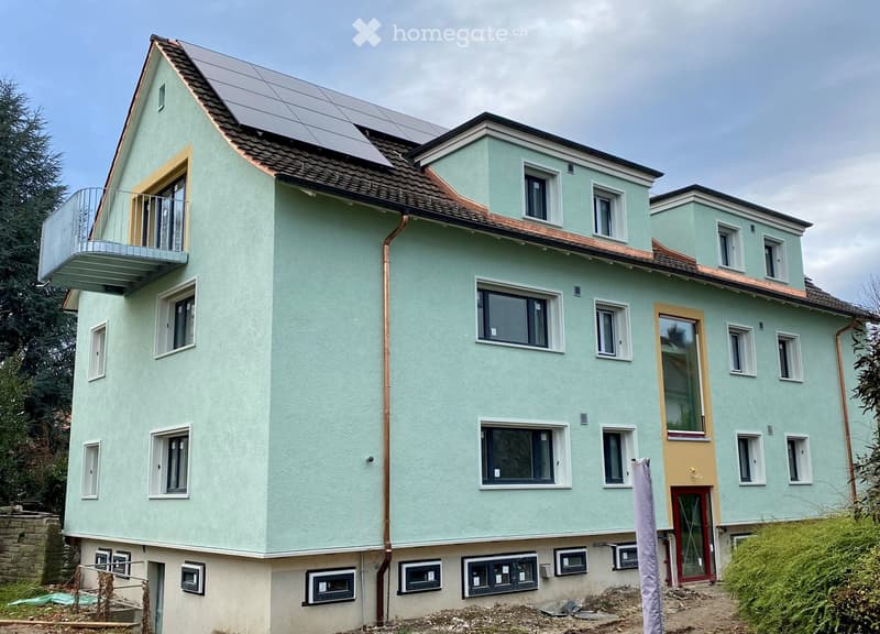3 story building, solar panels, copper pipes, multiple windows, metal balcony railing, green paint