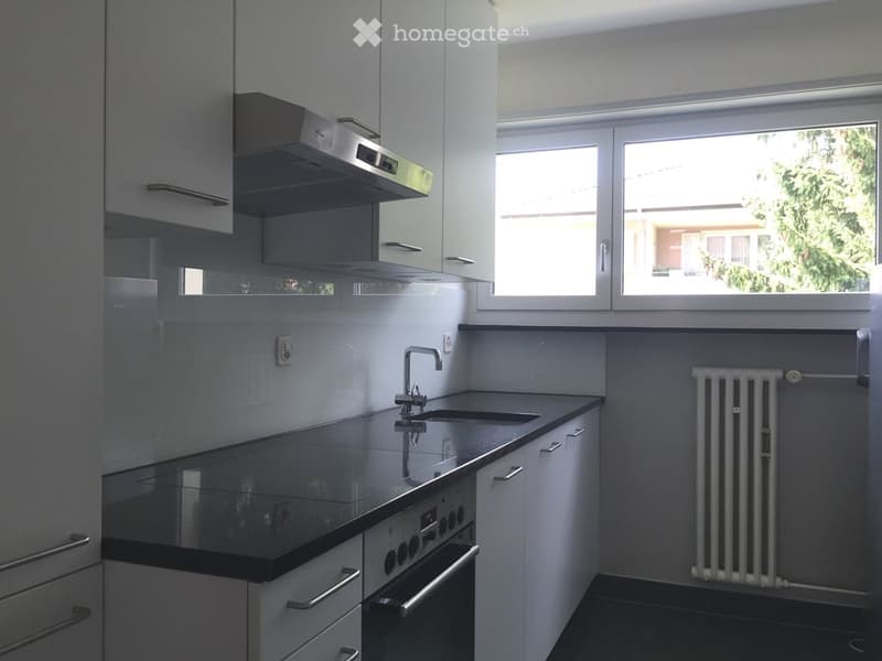 Modern kitchen with white cabinets, black countertops, stainless steel sink, oven, and radiator. Large window provides natural light.