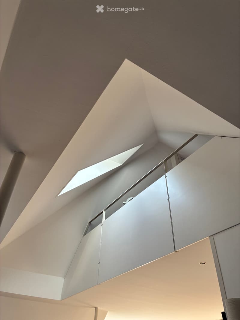 Modern hallway with a slanted, textured ceiling and built-in white storage compartments integrated into the ceiling structure.