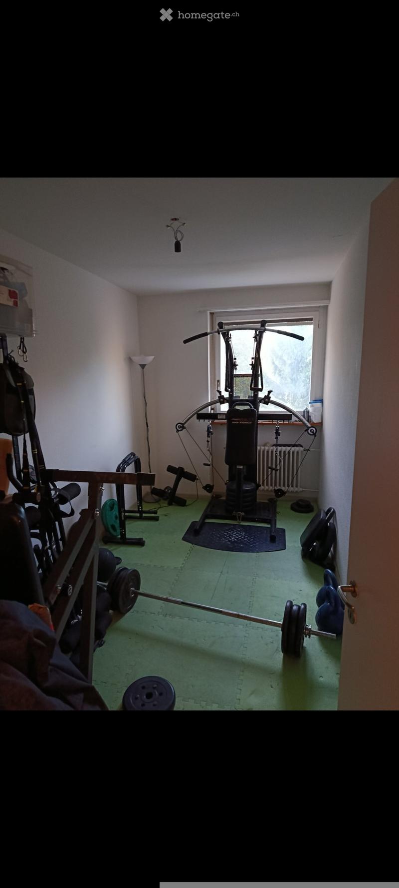 A well-equipped home gym with various fitness equipment including a barbell, weight plates, a bench, a cable machine, dumbbells, and a fitness bike. The room has green flooring, white walls, and a large window letting in natural light.