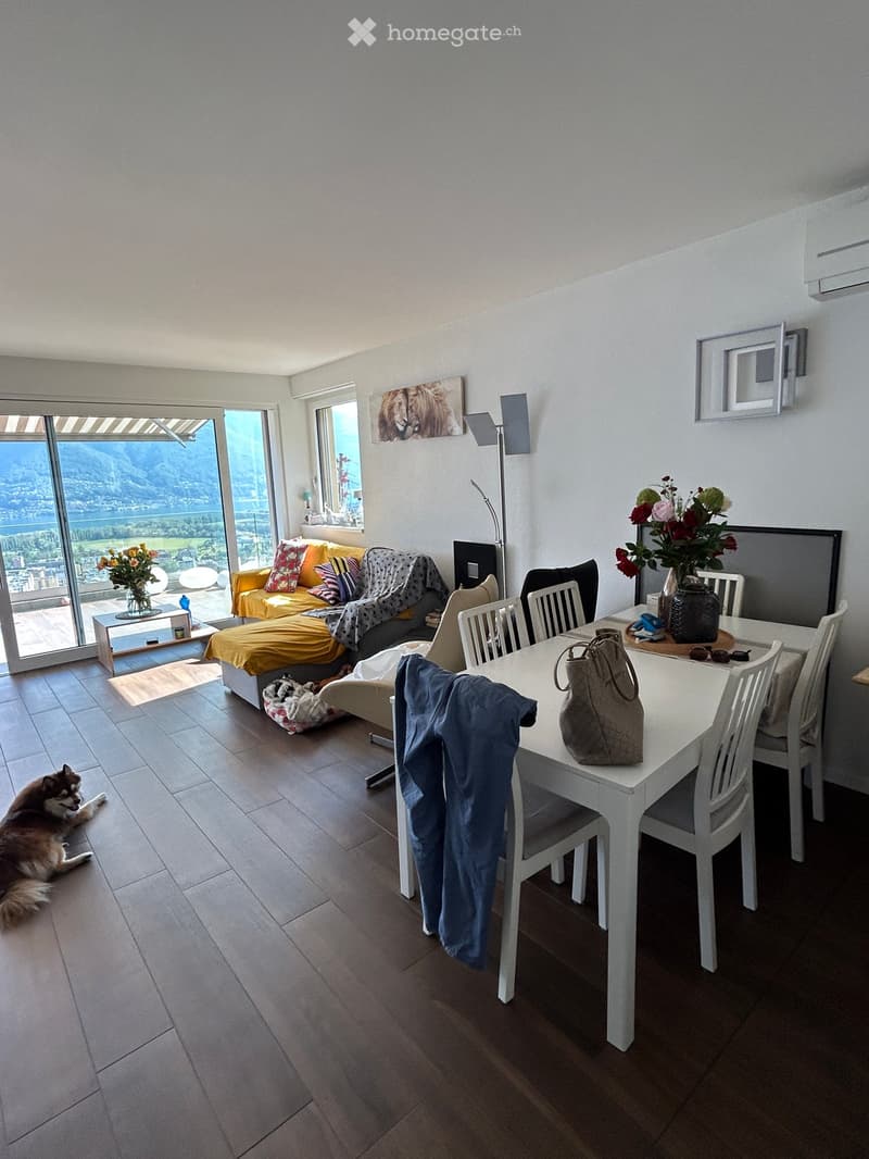 Bright living room with a view, featuring a sofa, dining table, chairs, vase with flowers, handbag, picture frame, and floor lamp.