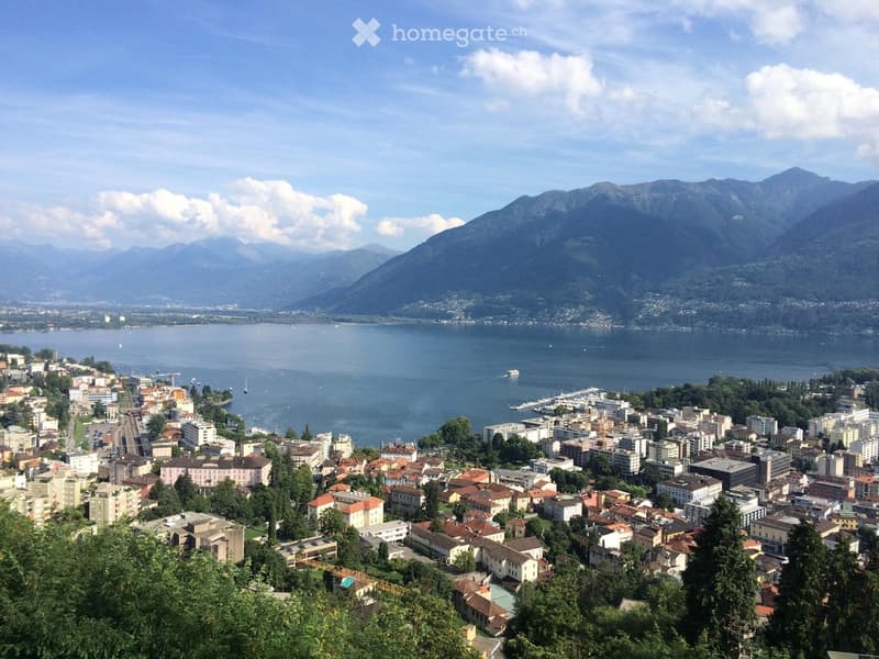 Panoramic view of a town by a lake with surrounding mountains, featuring numerous buildings, a waterfront, and a clear blue sky.