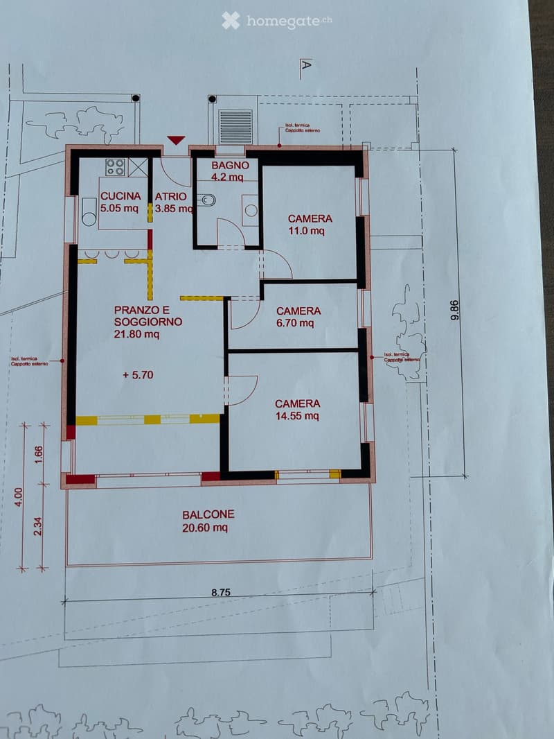 Floor plan showing a kitchen, living and dining area, three bedrooms, a bathroom, and a balcony.