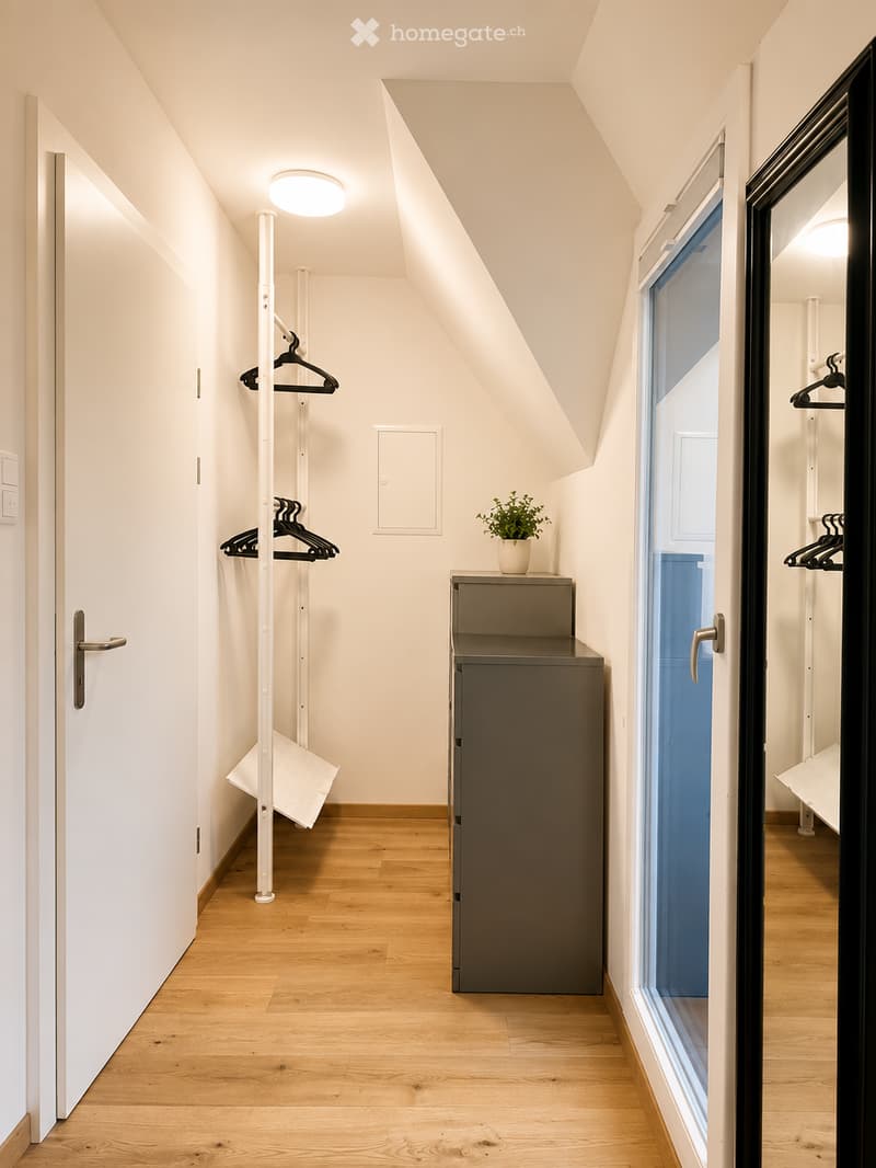 A narrow hallway with wooden flooring, white walls, and a coat rack on the left. A small cabinet with a plant on top is positioned near a large window on the right.