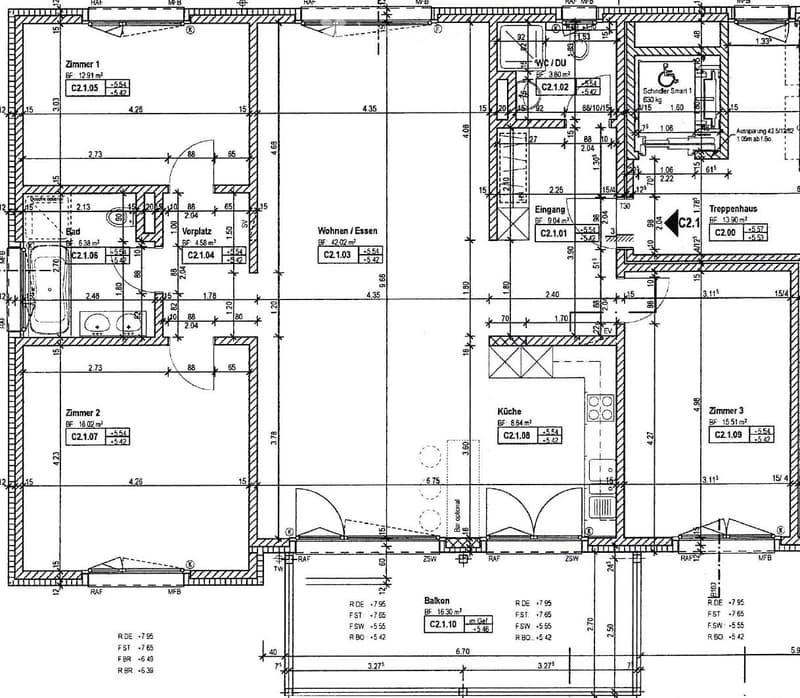 Floor plan showing multiple rooms including living/dining area, kitchen, three bedrooms, bathroom, and a balcony.