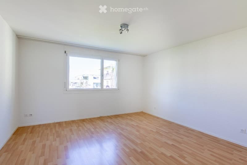 Empty room with wooden flooring, white walls, and a large window with white frame. Ceiling light fixture visible.