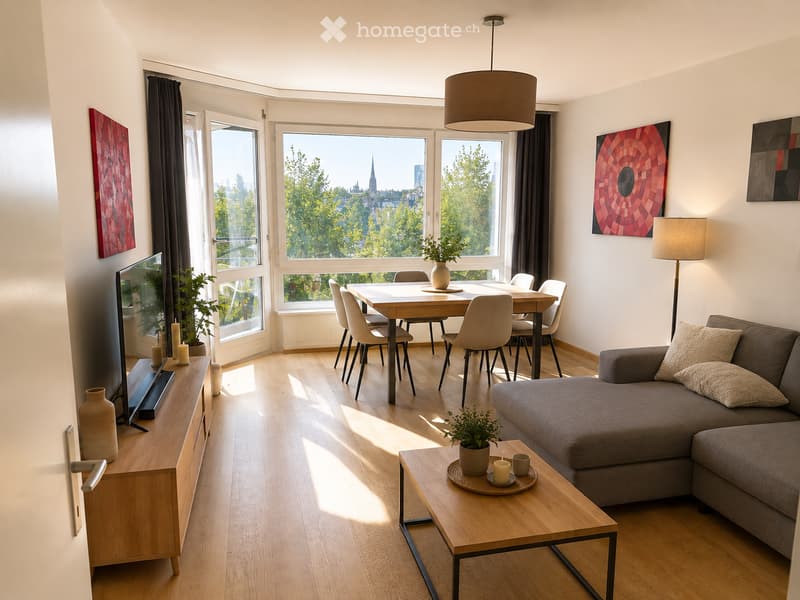 Bright living and dining area with wooden flooring, large windows, a grey sectional sofa, a wooden coffee table, a dining table with chairs, a TV on a wooden stand, and decorative vases and candles.