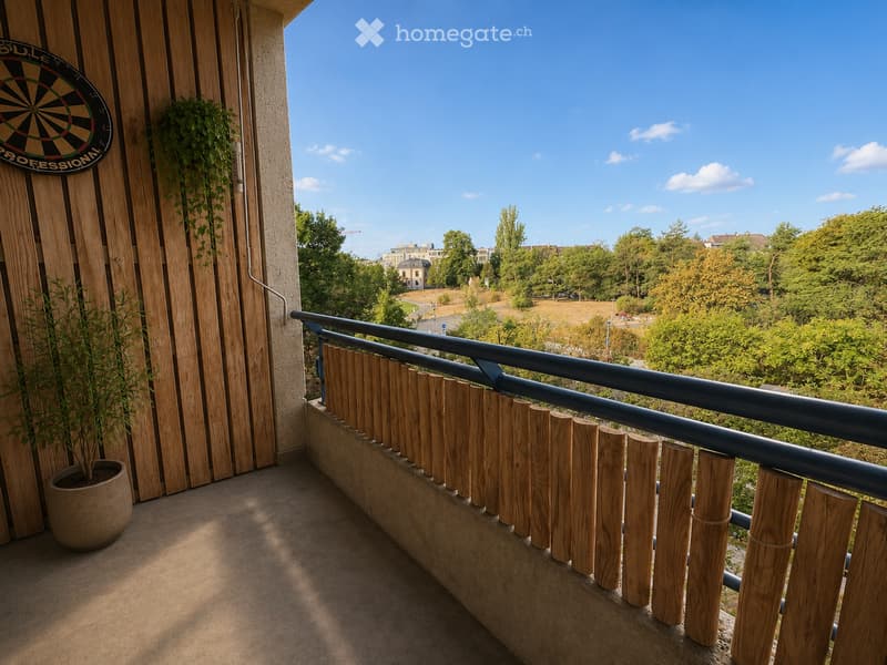 Balcony with wooden railing, potted plant, dartboard mounted on wall, overlooking a green park area with trees and buildings.