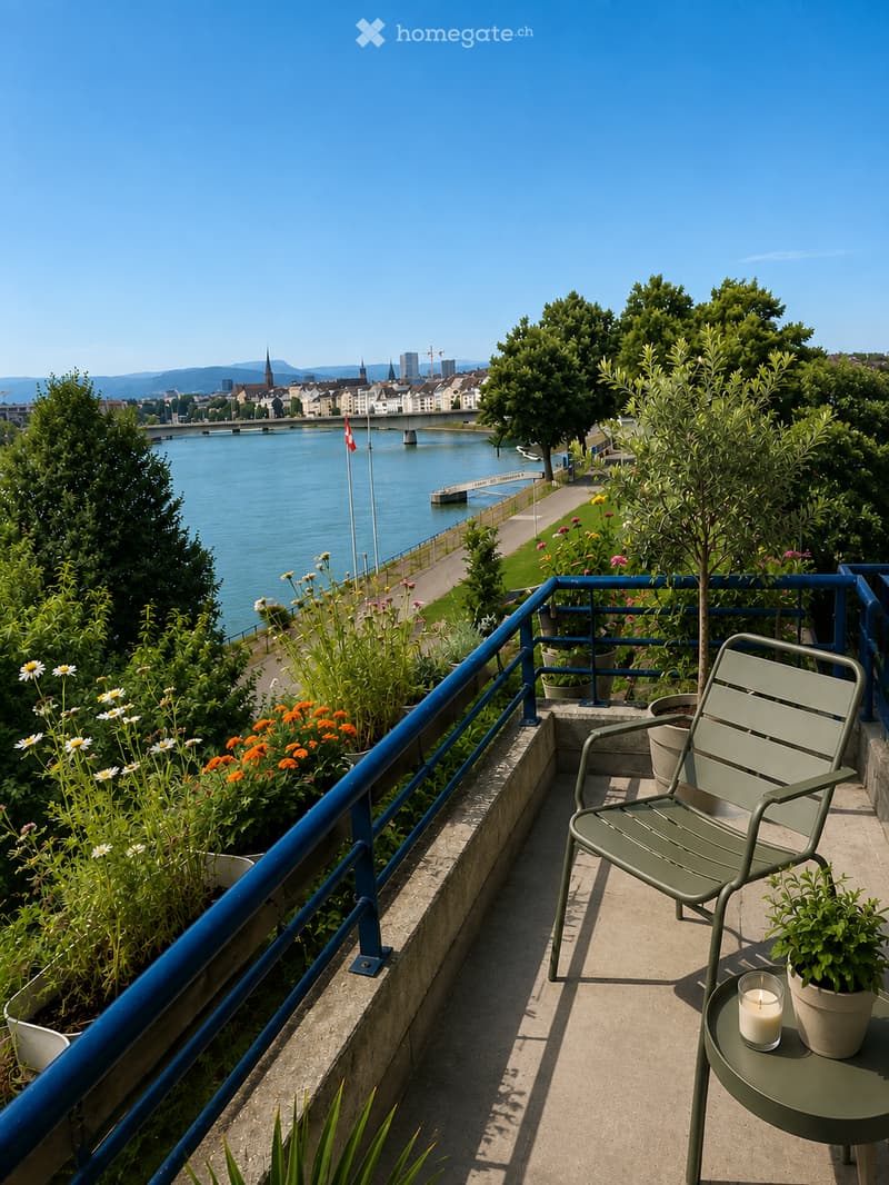 Balcony with a view of a river and cityscape, featuring a green chair, small table with a candle, and potted plants.