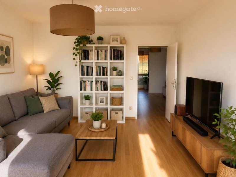 Modern living room with a grey sofa, wooden coffee table, bookshelf, TV, and several potted plants.
